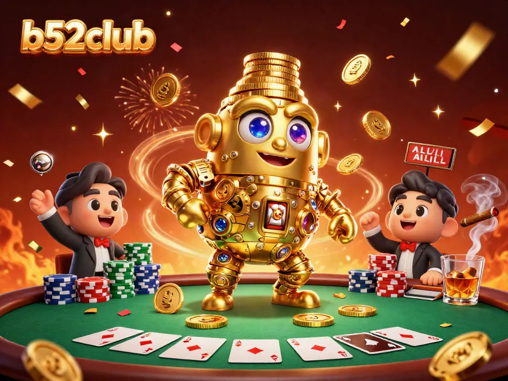 Experience the thrill of b52club with a golden golem surrounded by poker excitement and dynamic casino elements.