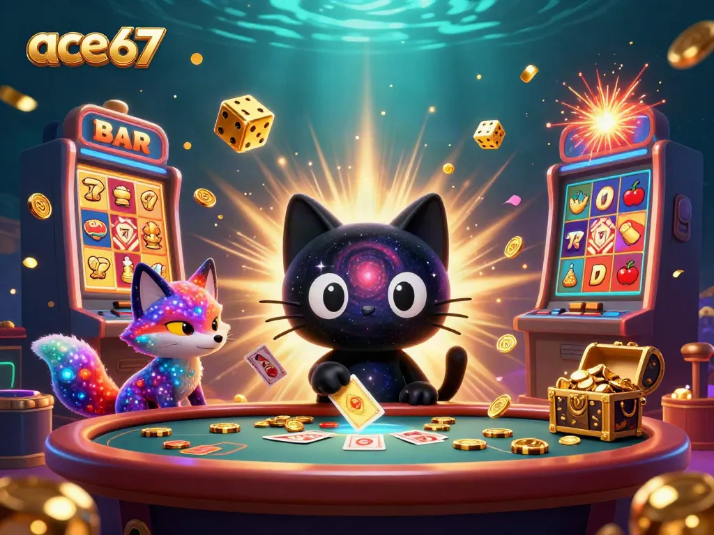Experience the thrill of gaming with ace67's vibrant casino atmosphere featuring a black hole cat and nebula fox.