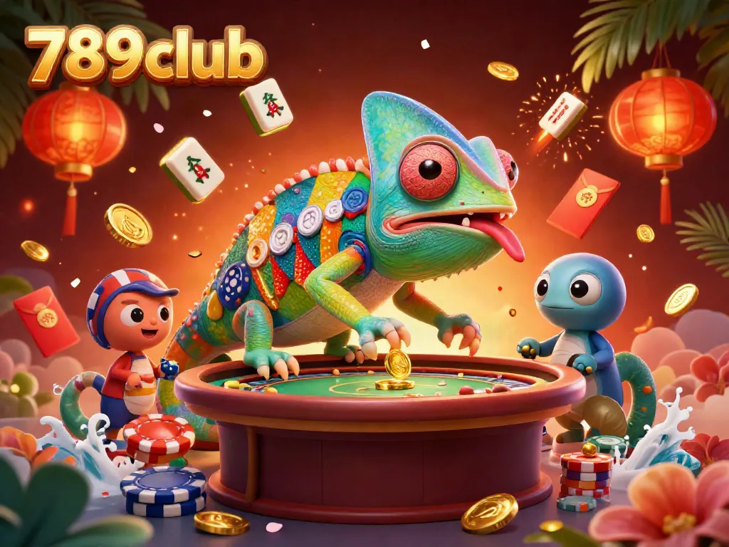 Engaging scene of the 789club chameleon casino owner among vibrant 3D game elements, illustrating an exciting gaming environment.