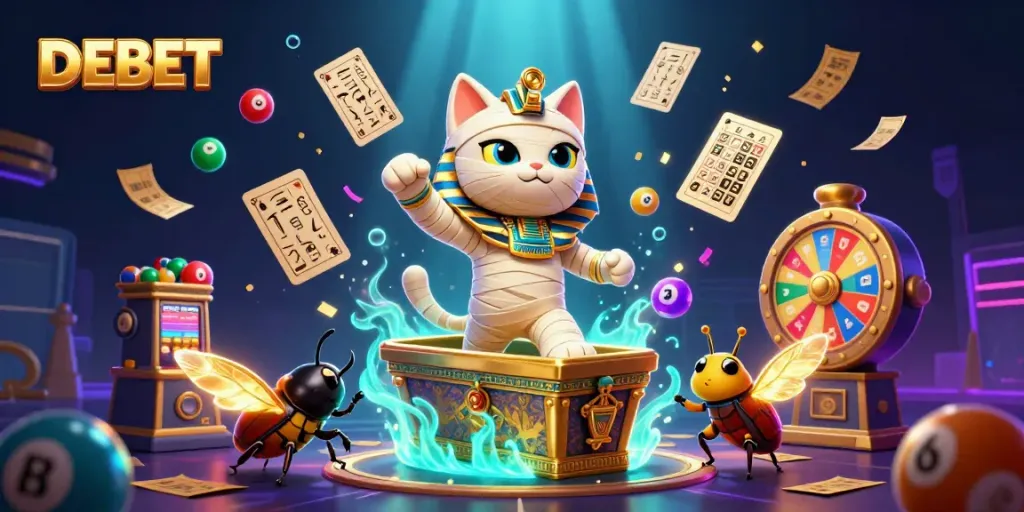 Experience the excitement of DEBET with a vibrant digital scene featuring an Egyptian mummy cat and playful gaming elements.