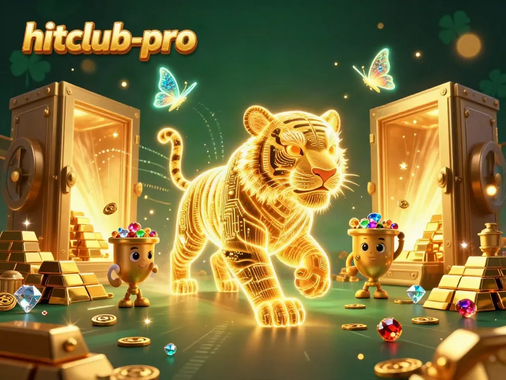 Hitclub-pro's golden tiger navigating a vibrant digital casino, exuding energy and winning charms.
