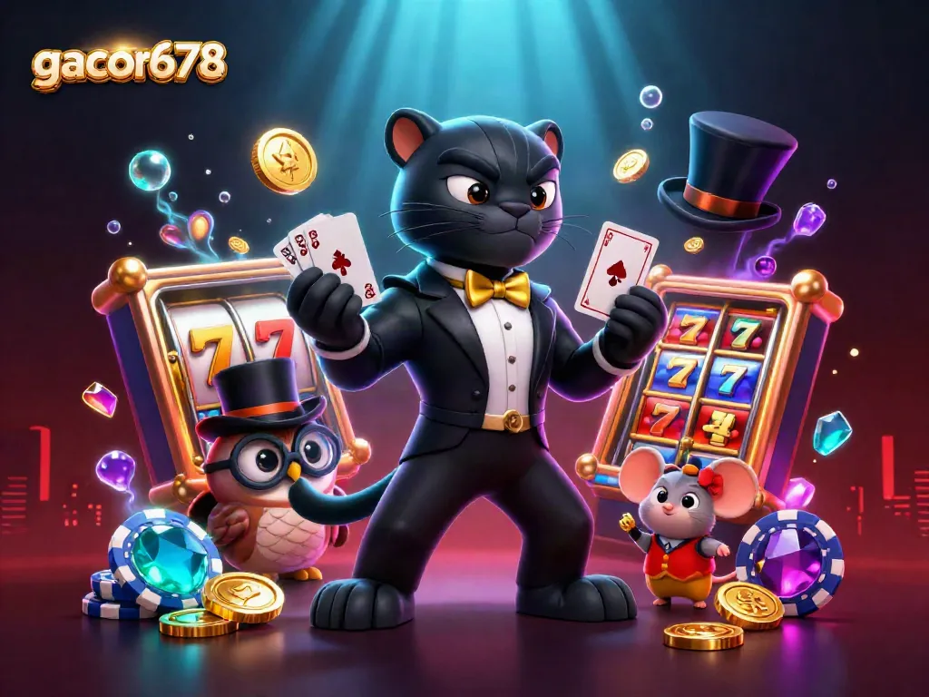 Win big with gacor678 in a vibrant casino scene featuring playful characters and dynamic slot elements.