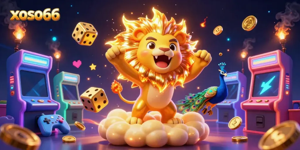 Experience the thrill of xoso66 with vibrant gaming elements and a triumphant sun lion.