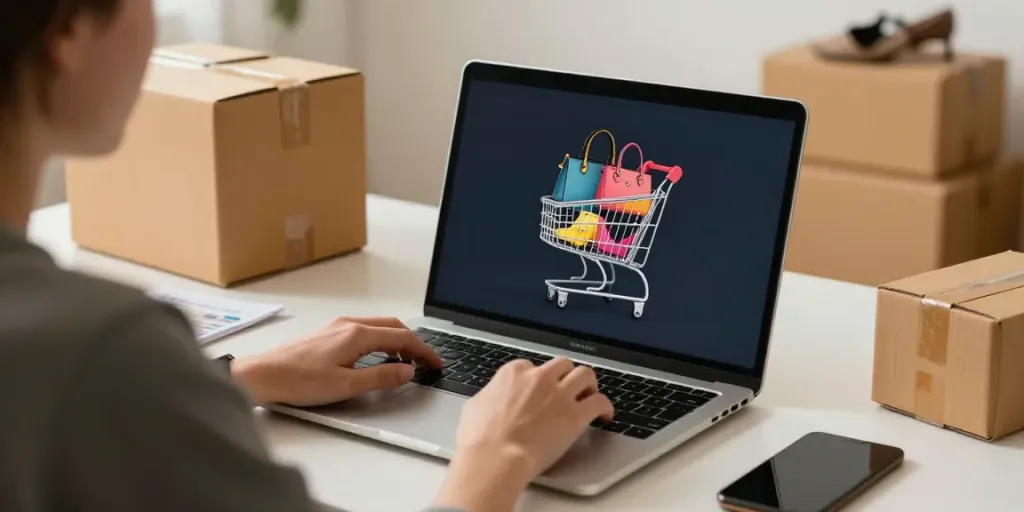 Online shopping at a premium replica shop featuring luxury bags and shoes.
