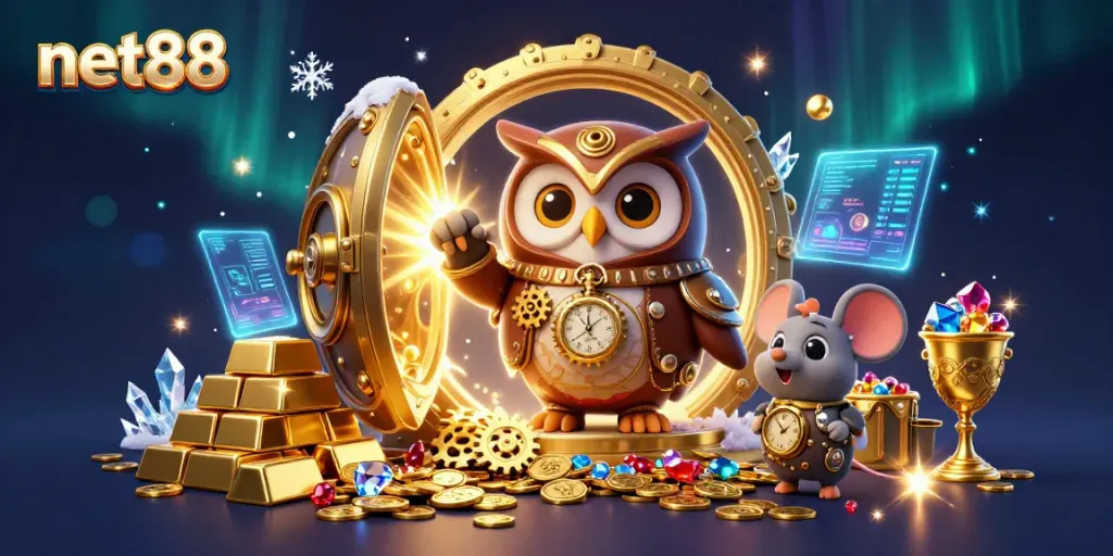 Experience exciting gameplay at net88 with animated casino characters, treasure, and holographic elements.