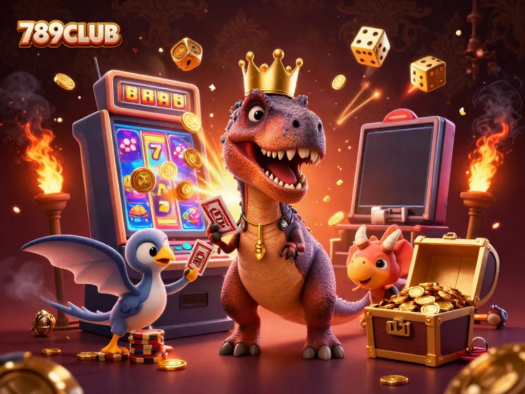 Engage with 789CLUB's vibrant 3D casino scene featuring animated dinosaurs enjoying card games and jackpot excitement.