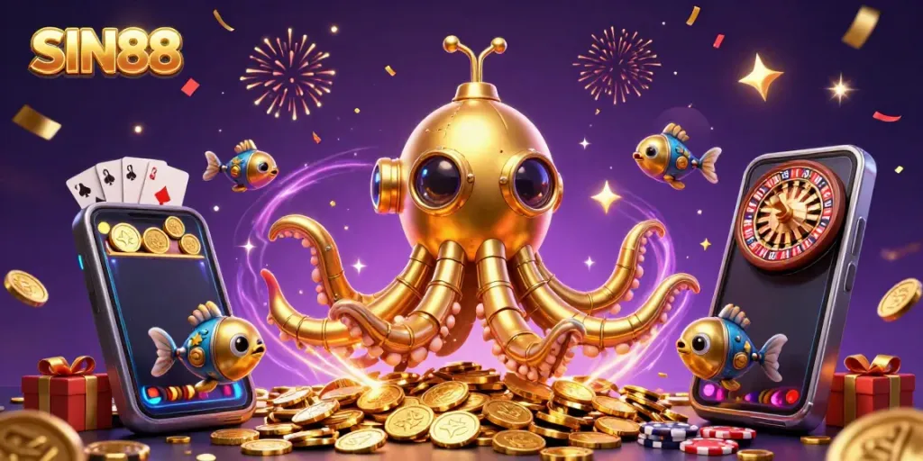 SIN88 showcases a dynamic 3D kraken submarine with golden coins, featuring vibrant gaming elements and celebratory confetti.