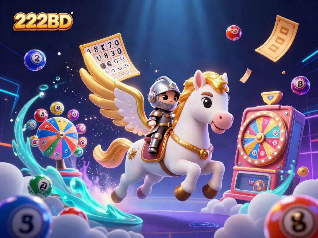 Engage with 222BD's vibrant lottery and gaming action featuring a heroic knight and celestial horse.