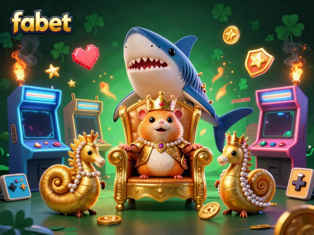 Engage in vibrant gaming action at fabet with a majestic hamster king ruling from a megalodon throne, set against dynamic casino elements.