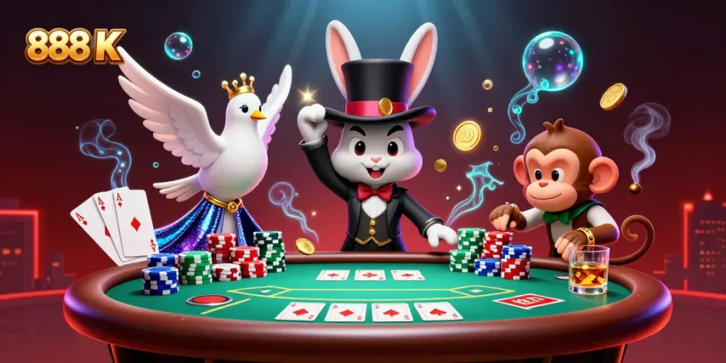 Experience the magic of 888 K as a 3D magician rabbit conjures golden coins at a lively poker table.