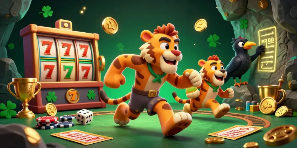 Experience the thrill of dewa slot as characters engage in energetic gameplay at a vibrant prehistoric casino.