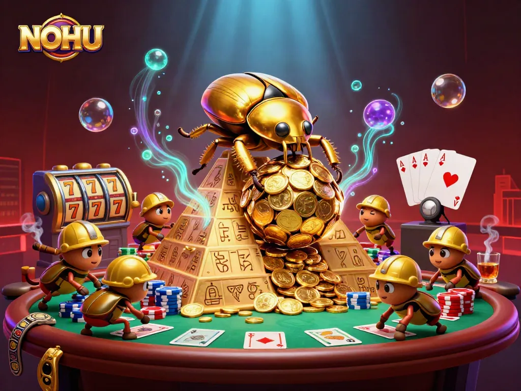 Experience the thrill of NOHU with golden coins, slot reels, and casino excitement.