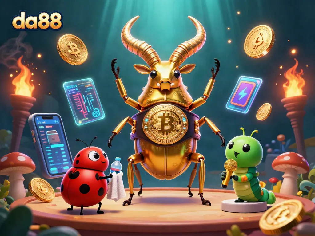 Experience thrilling da88 gameplay with a golden stag beetle and dynamic crypto elements in a vibrant casino setting.