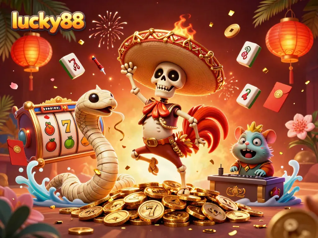Lucky88 brings excitement as a mariachi rooster dances triumphantly on stacked coins amidst slot reels and festive elements.
