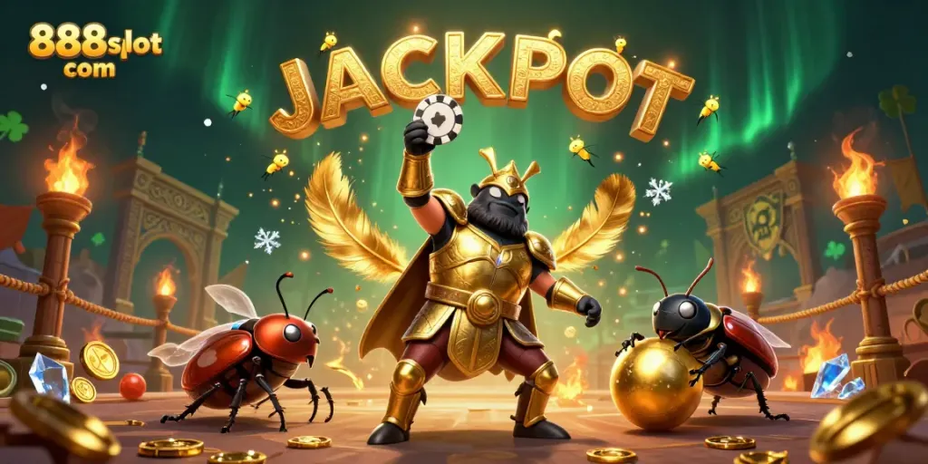 Experience thrilling wins with 888slot com as the hercules beetle celebrates a poker victory against a vibrant casino backdrop.