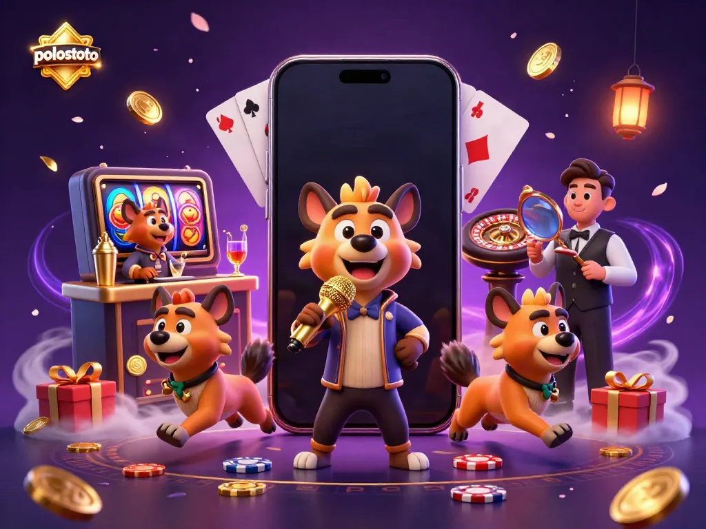 Experience the vibrant ambiance of Polostoto featuring lively hyena characters in a dynamic casino scene with colorful slot games.