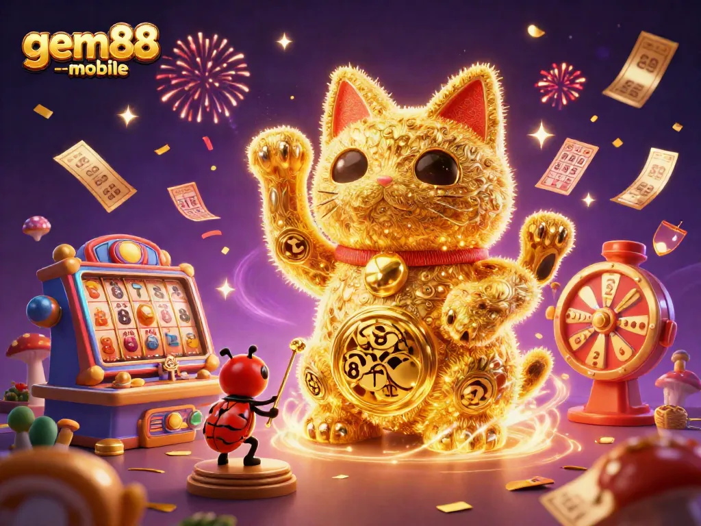 Experience excitement with gem88-mobile's colorful casino symbols and dynamic rewards in a vibrant scene.