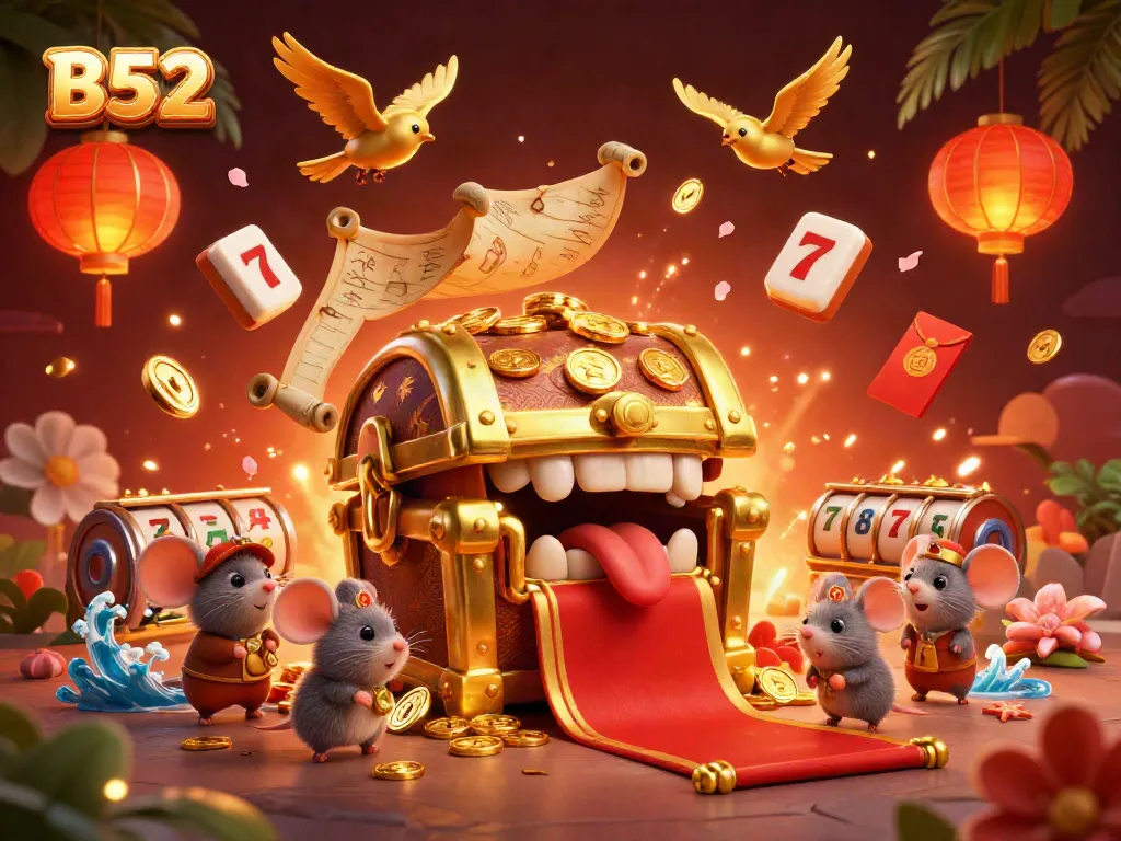 B52 online casino scene with a golden treasure chest, slot reels, and vibrant gaming elements.
