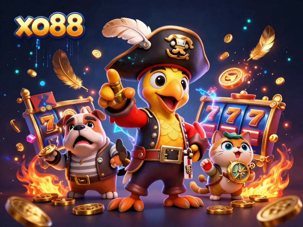 Experience thrilling slots and jackpots with xo88's vibrant gaming scene featuring a pirate captain and friends.