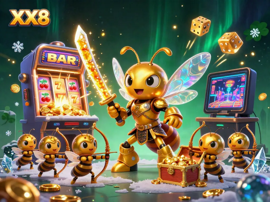 Enter the exciting world of XX8 with a vibrant 3D illustration featuring a golden hornet samurai, slot machine jackpots, and stunning casino action.
