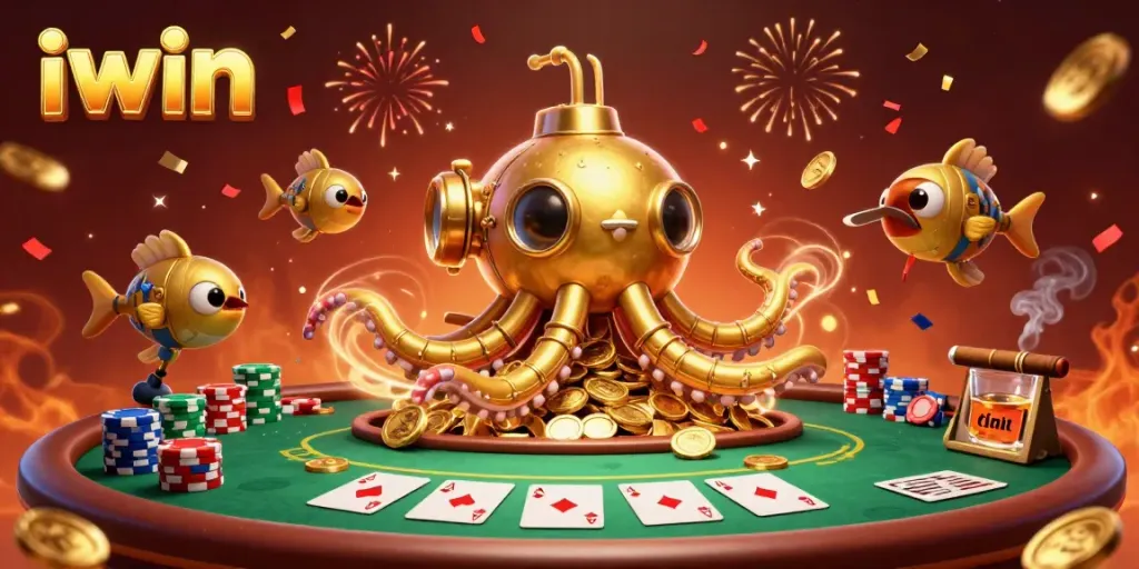 Experience thrilling gameplay with iwin's golden kraken submarine surfacing in a sea of coins, poker elements included.