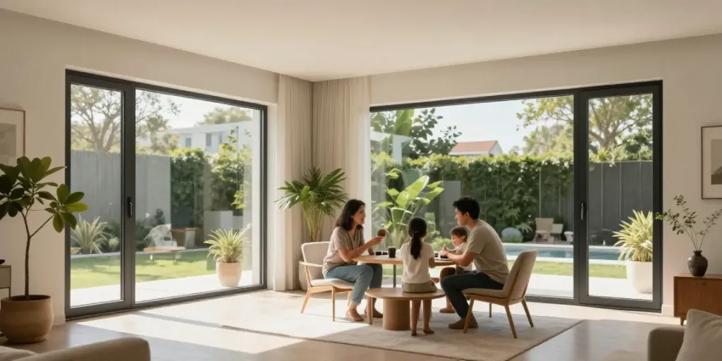 Beautiful modern living room with Kusen uPVC windows allowing natural light.