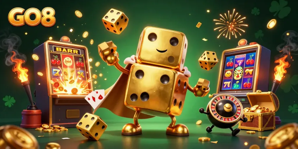 Join the excitement at GO 8 as the golden dice golem brings the casino to life, showcasing jackpot wins.