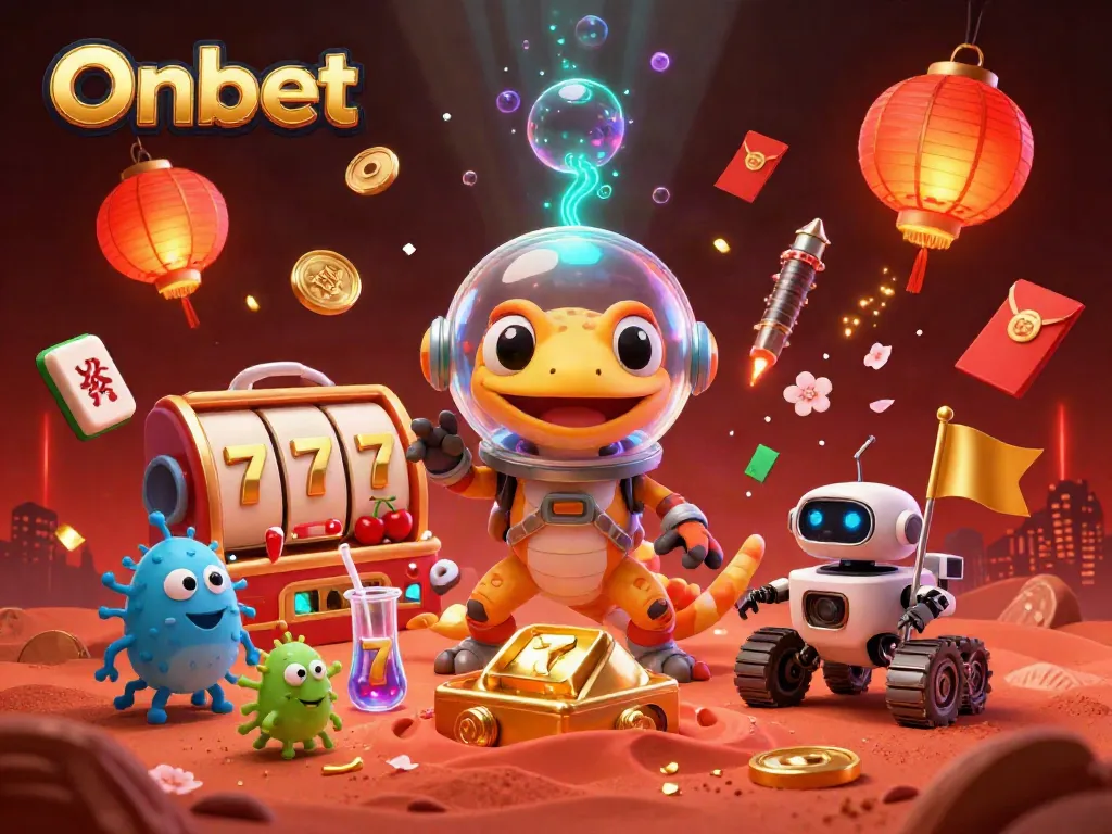 Engage with Onbet's thrilling online casino experience featuring Martian gecko and robot rover amid slot symbols and gold coins.