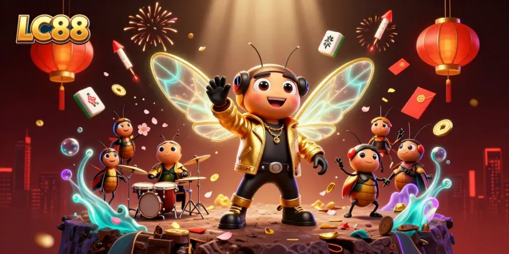LC88 online casino vibrant illustration with a cicada rock star, beetle drummer, and crickets amidst lively casino elements.