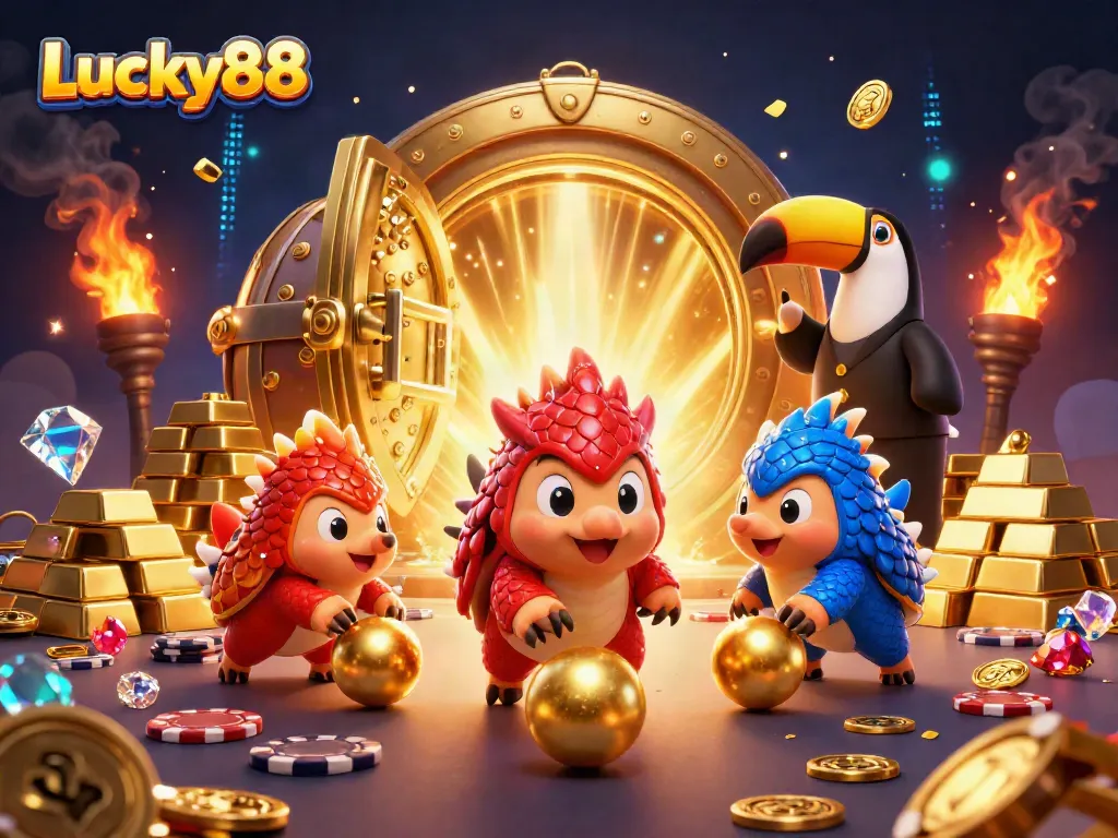 Experience exciting gaming action with Lucky88 as rival pangolins roll golden balls through poker chips.
