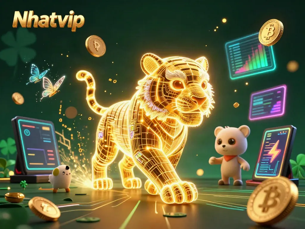 Nhatvip showcases a vibrant casino scene featuring a neon tiger and cryptocurrency elements.