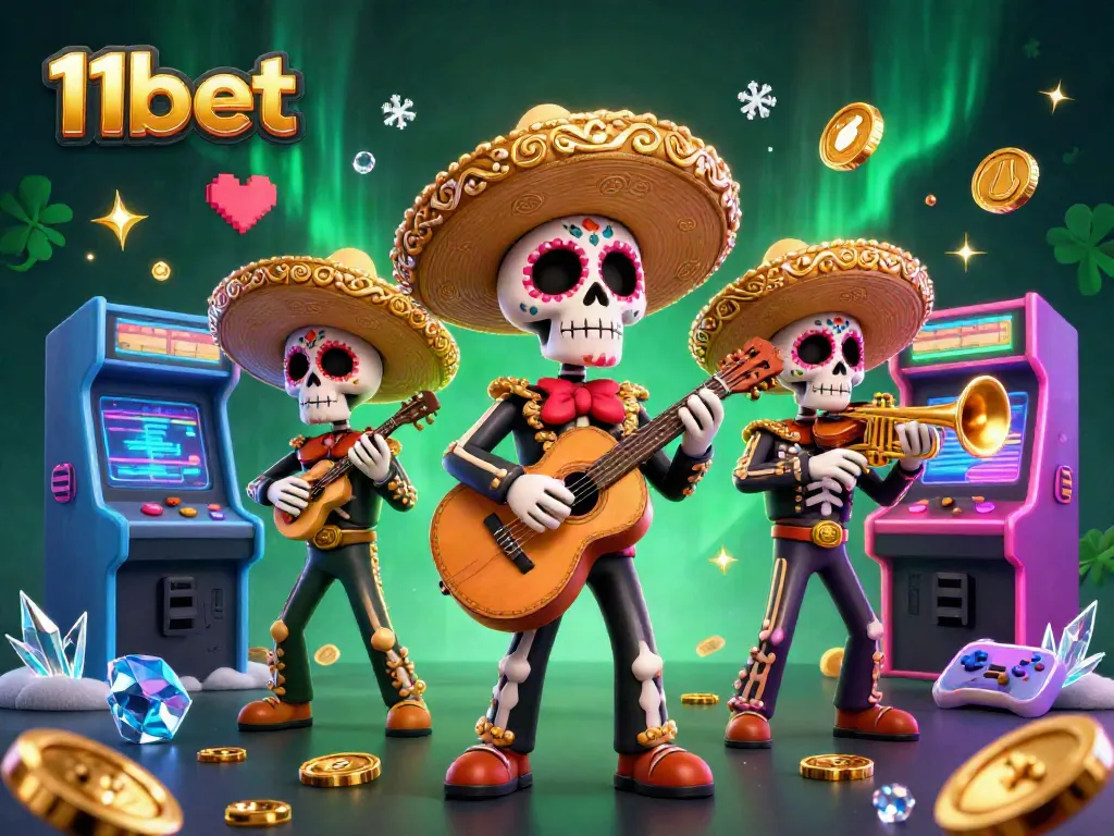 Engage with 11bet's vibrant illustration featuring a mariachi band amidst casino elements in a colorful gaming atmosphere.