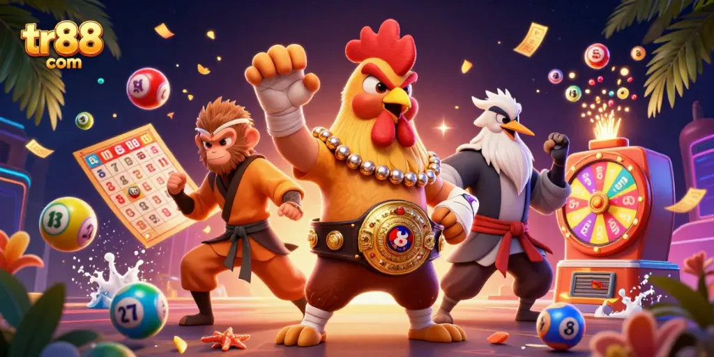 Experience thrilling gameplay at tr88 com with lively characters in a dynamic casino illustration.