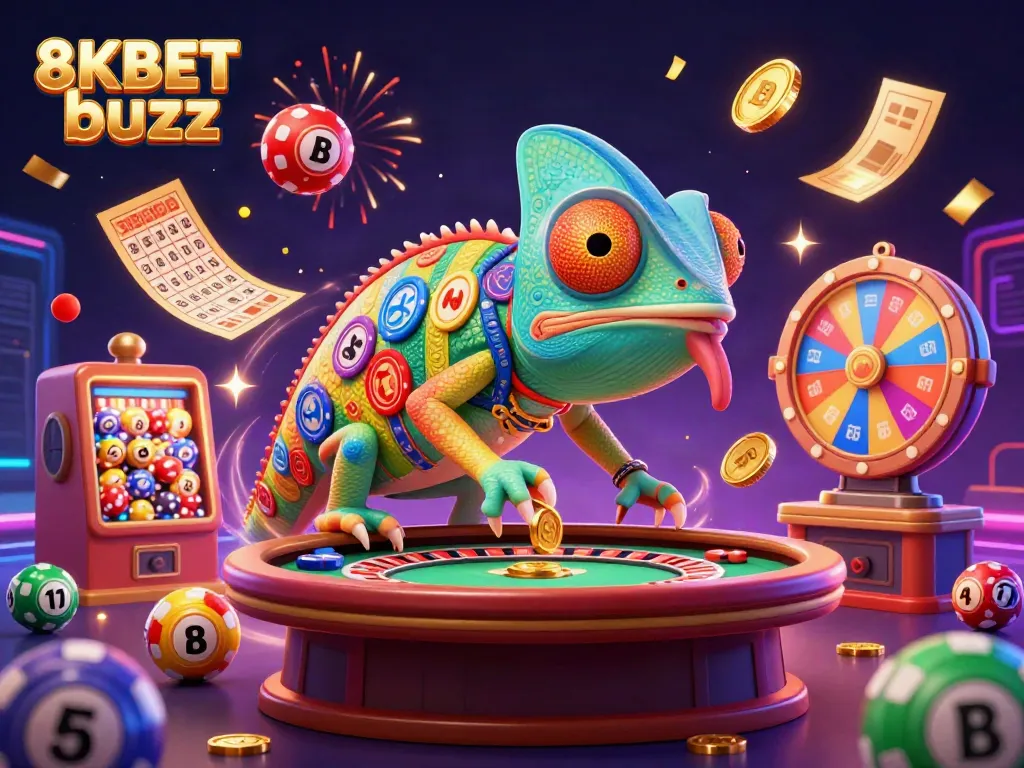 Immerse in the exciting world of 8KBET buzz, featuring a lively casino scene with the chameleon owner, vibrant game elements, and dynamic dynamics.