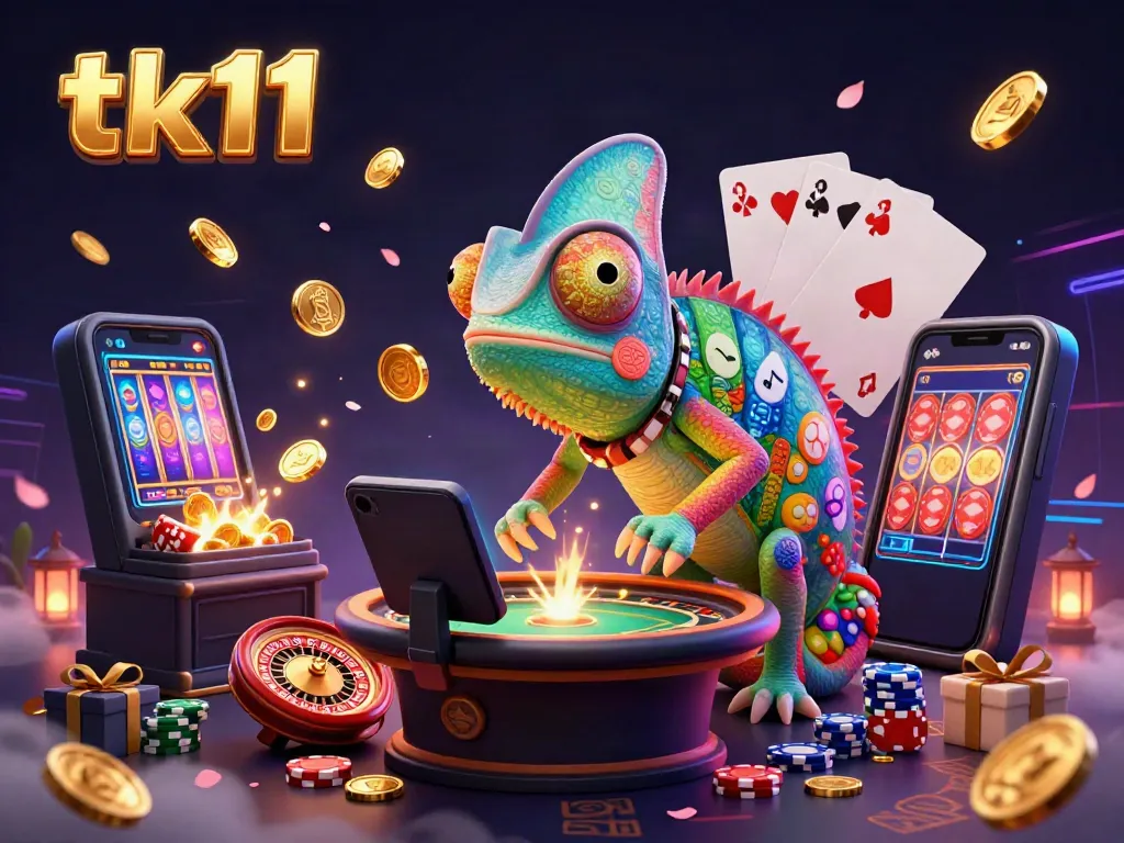 tk11 casino chameleon gaming scene with colorful slot machines and golden coins
