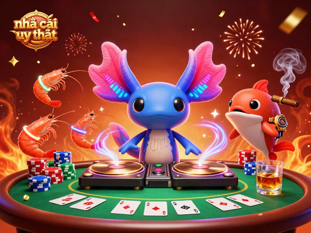Engaging illustration of nhà cái uy tín with a vibrant axolotl DJ and poker elements.