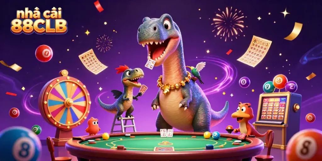 Experience the excitement of nhà cái 88CLB with a whimsical casino scene featuring dynamic characters and colorful gaming elements.