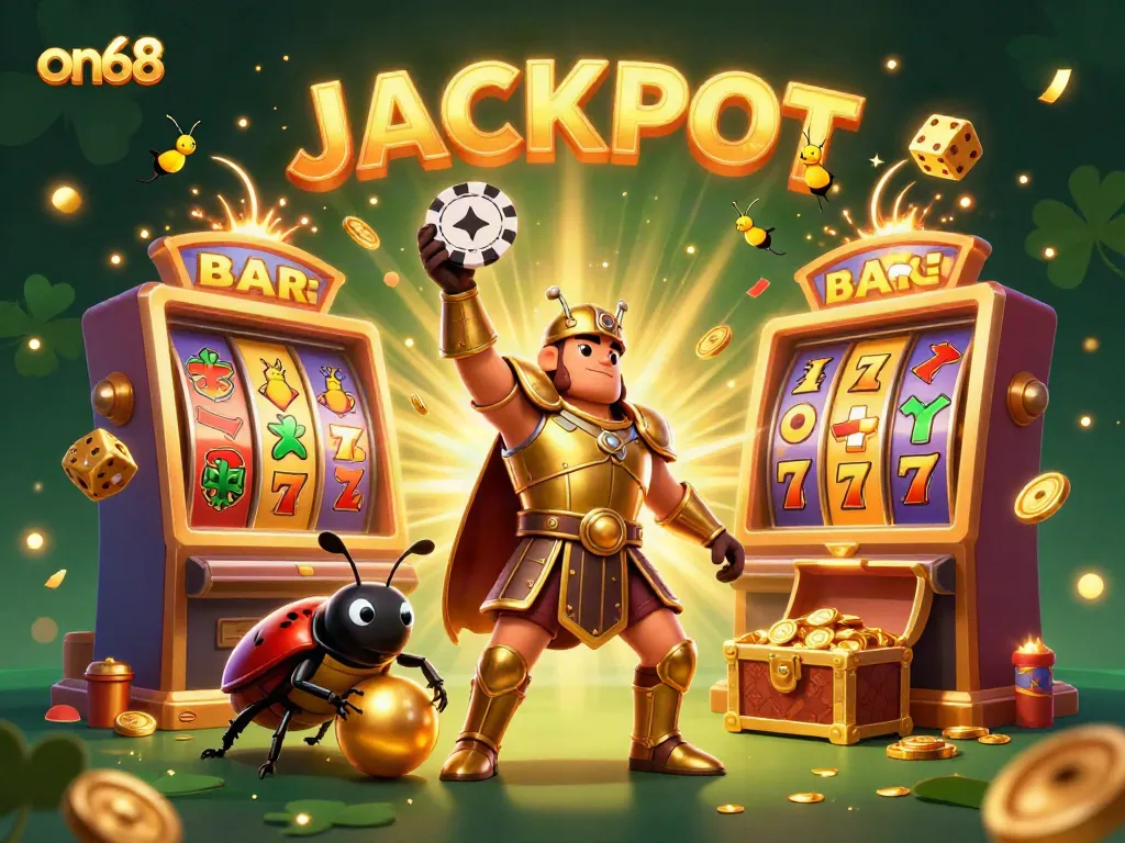 Engage in exciting wins at on68 with a victorious hercules beetle and golden casino imagery.
