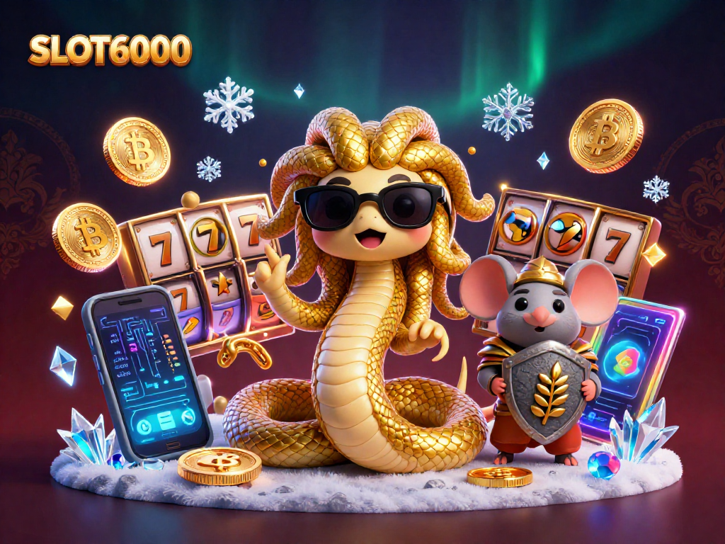 Experience the magic of SLOT6000 with Medusa and a warrior mouse in a vibrant casino scene.