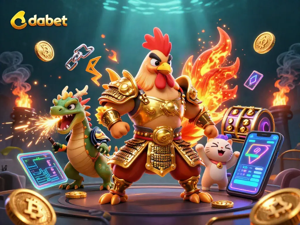 Dabet brings excitement to players with a fighting rooster and dragon in a dynamic gaming scene featuring vibrant elements.
