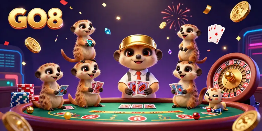 Meerkats engage in a dynamic casino scene showcasing GO8, with vibrant cards and festive elements.