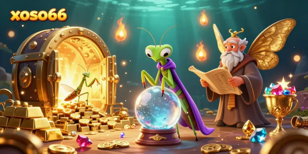 Engage with xoso66's enchanting world of fortune and treasure through a dynamic 3D illustration filled with radiant gems and golden light.