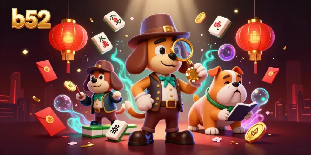 Engage in thrilling action at b52 with a detective exploring a golden poker chip amidst vibrant casino symbols.
