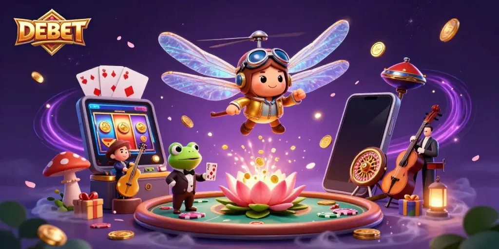DEBET showcases exciting casino experience with a vibrant dragonfly pilot, frog dealer, and cricket musicians.