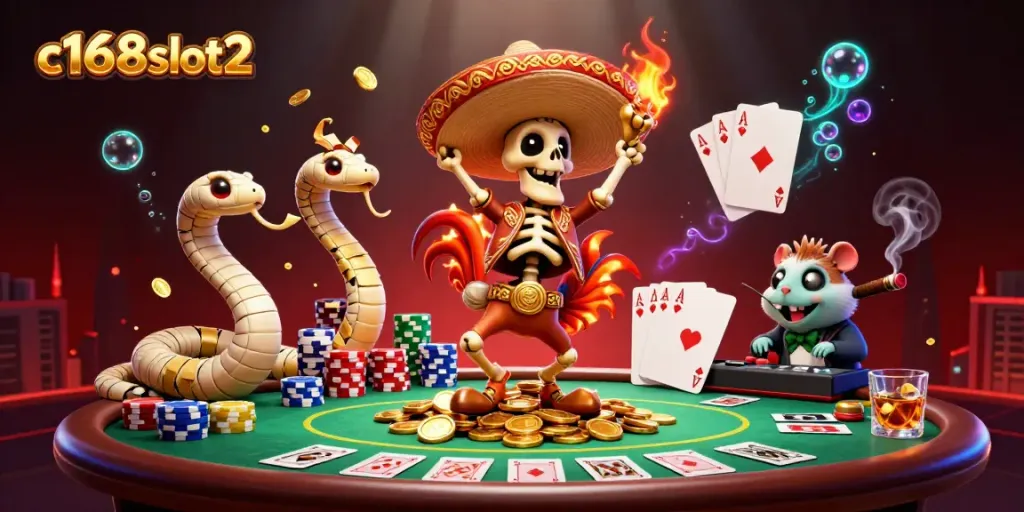 Experience the thrill of c168slot2 with a dynamic casino scene featuring a lively rooster and vibrant game elements.