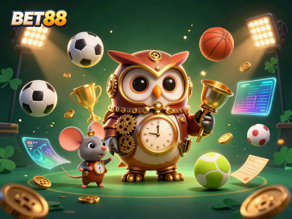 Experience unmatched gaming at BET88 with an energetic scene featuring a time-traveling owl and clockwork mouse amid dynamic sports elements.