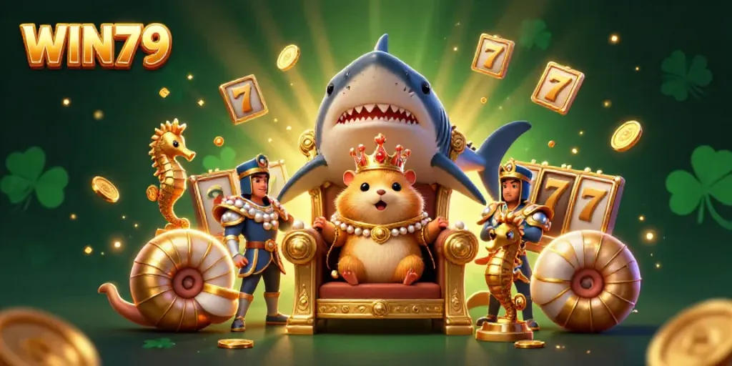 Engage with WIN79 as the golden hamster king rules from his shark throne amidst vibrant gaming elements.