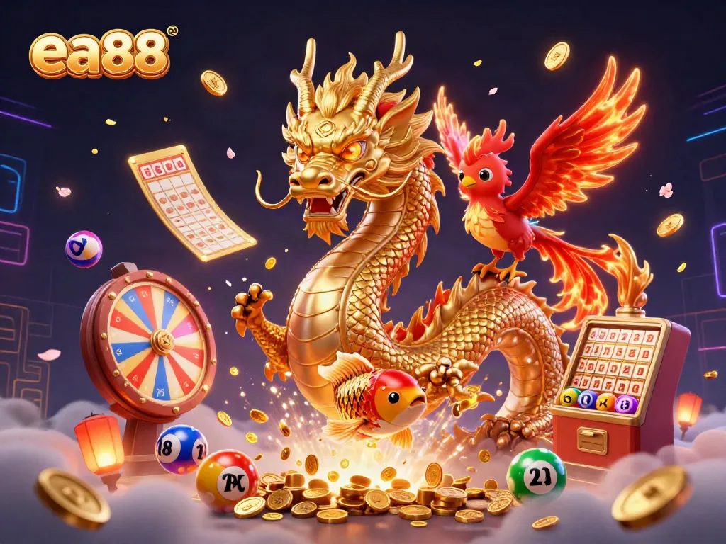 Experience ultimate luck in ea88 with vibrant dragons, coins, and lottery elements.