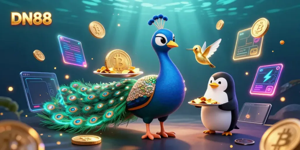 Experience high-stakes gaming action at DN88, featuring vibrant characters, golden chips, and dynamic coins.