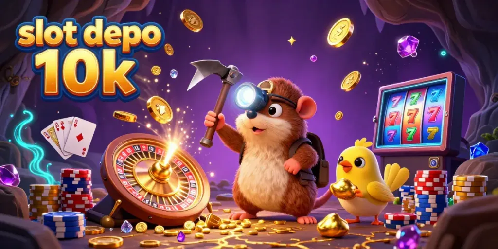 Engage with slot depo 10k in a vibrant 3D scene featuring a treasure hunter mole and magical elements.